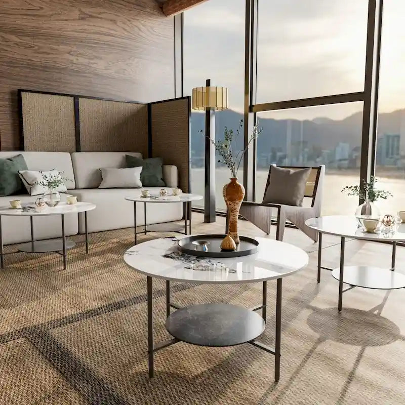 Round Coffee Table 31.5 Coffee Tables for Living Room High Glossy Faux Marble Cocktail Table with Storage Open Shelf-3