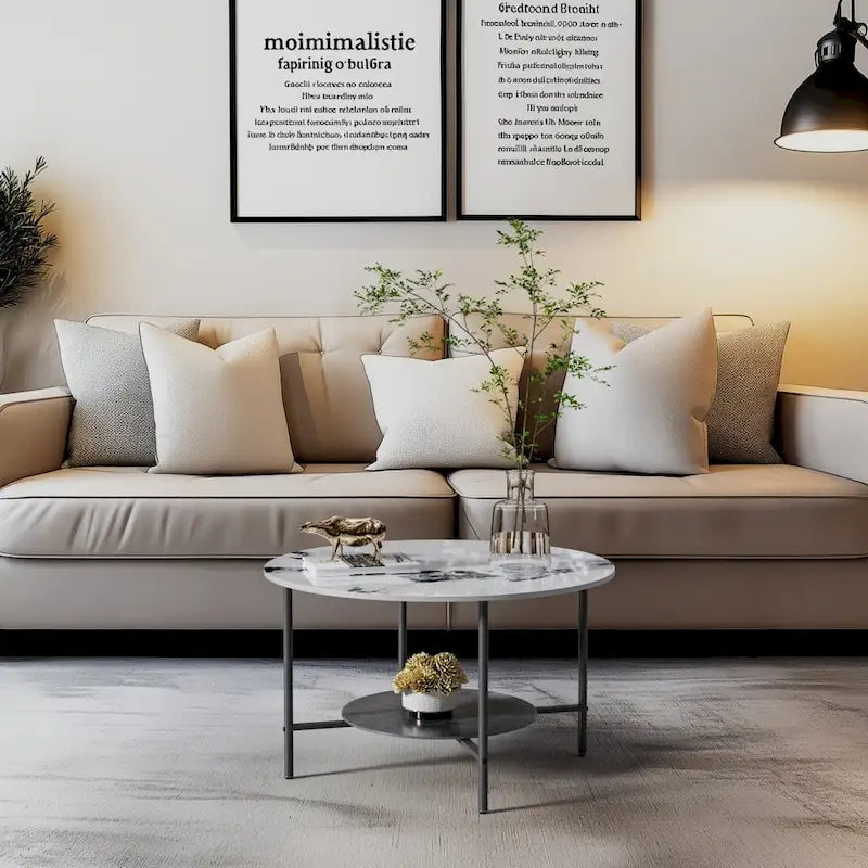 Round Coffee Table 31.5 Coffee Tables for Living Room High Glossy Faux Marble Cocktail Table with Storage Open Shelf-6