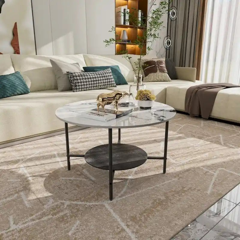 Round Coffee Table 31.5 Coffee Tables for Living Room High Glossy Faux Marble Cocktail Table with Storage Open Shelf-8