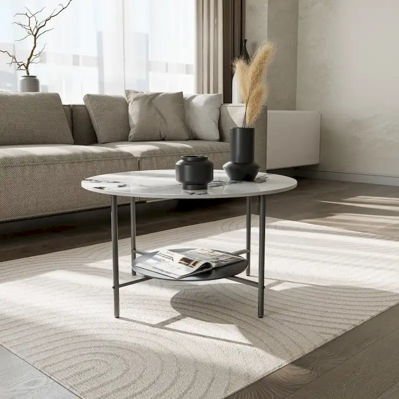 Round Coffee Table 31.5 Coffee Tables for Living Room High Glossy Faux Marble Cocktail Table with Storage Open Shelf-9