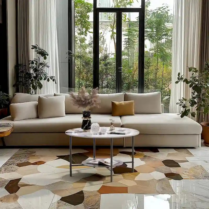 Round Coffee Table 31.5 Coffee Tables for Living Room High Glossy Faux Marble Cocktail Table with Storage Open Shelf-10