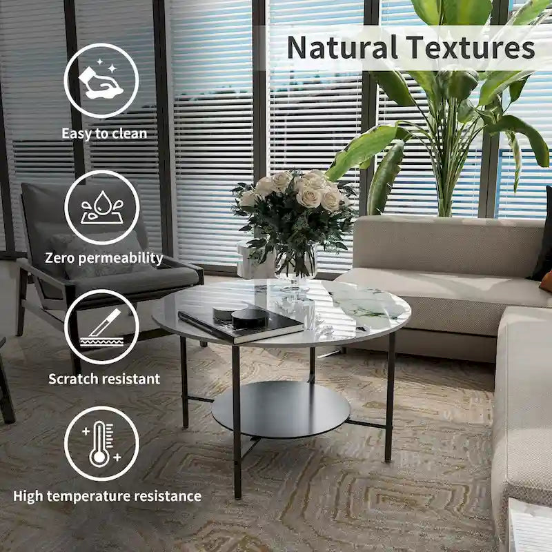 Round Coffee Table 31.5 Coffee Tables for Living Room High Glossy Faux Marble Cocktail Table with Storage Open Shelf-11