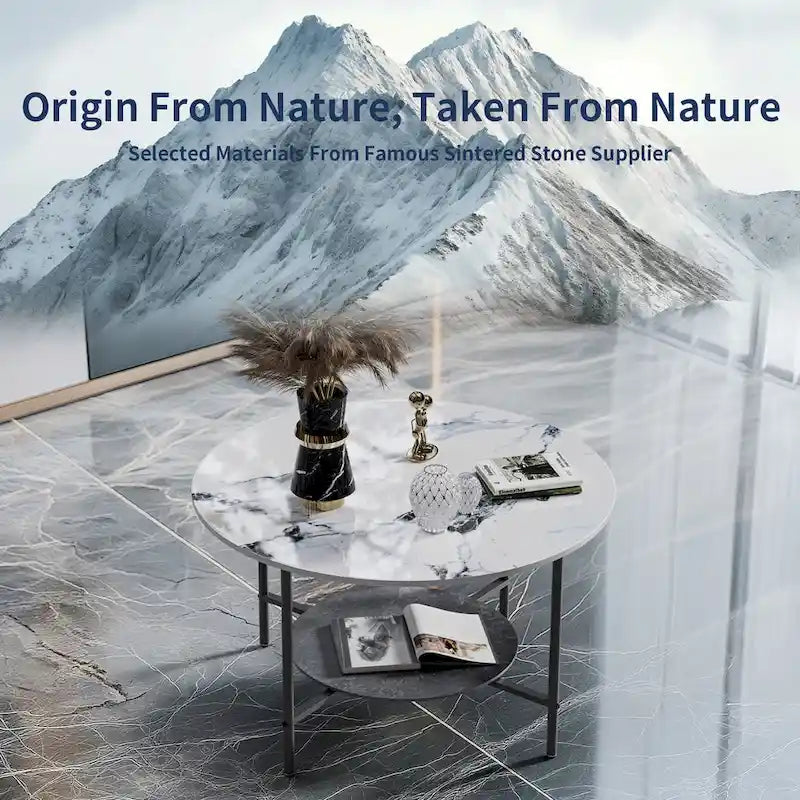 Round Coffee Table 31.5 Coffee Tables for Living Room High Glossy Faux Marble Cocktail Table with Storage Open Shelf-12