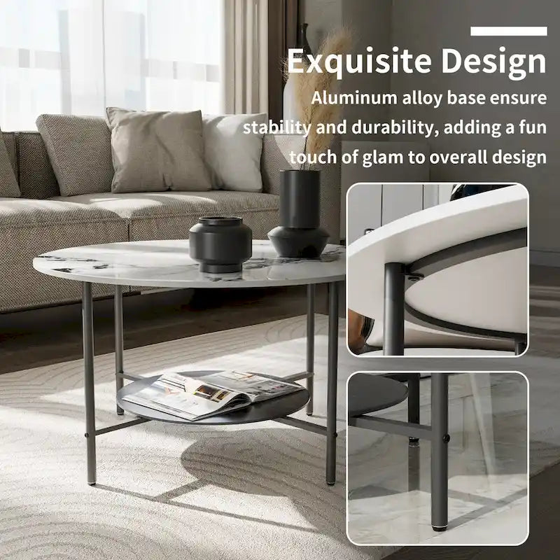 Round Coffee Table 31.5 Coffee Tables for Living Room High Glossy Faux Marble Cocktail Table with Storage Open Shelf-14