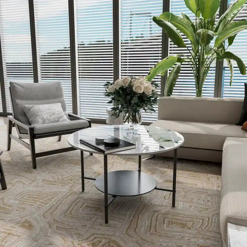 Round Coffee Table 31.5 Coffee Tables for Living Room High Glossy Faux Marble Cocktail Table with Storage Open Shelf-15