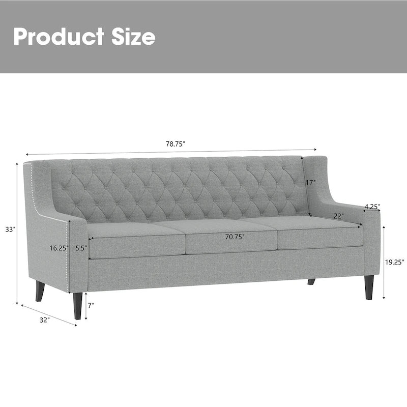 78.75 Polyester 3-Seater Sofa with Tufted Back and Cushions-14