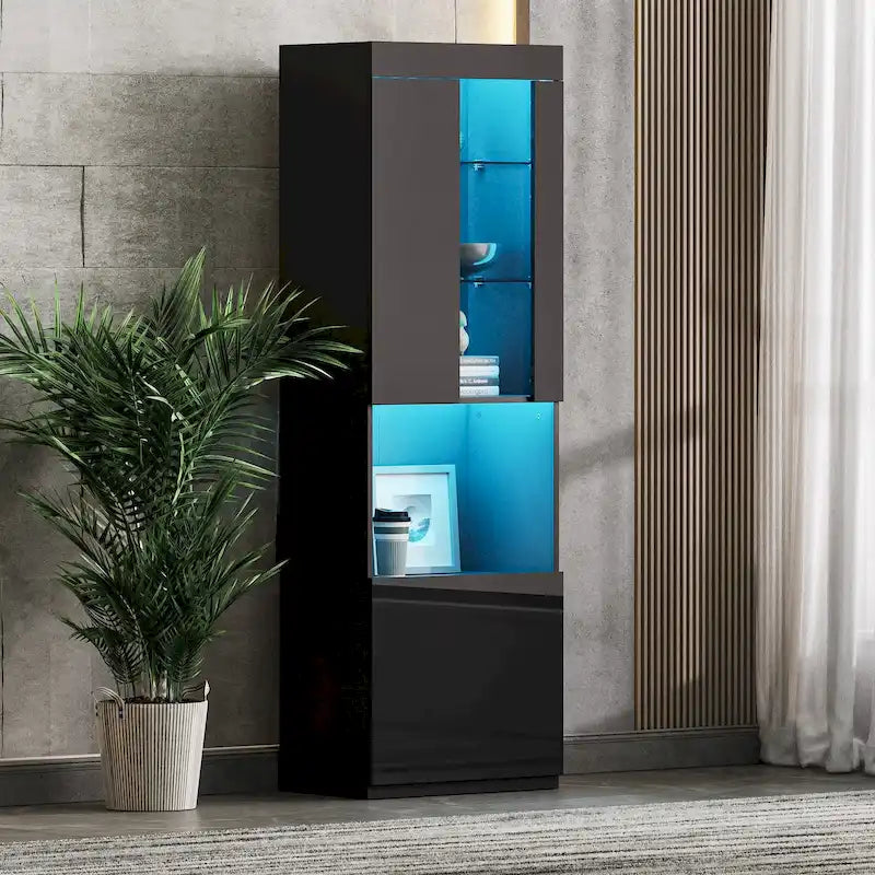 High Gloss Storage Cabinet with LED Lights,67 Tall Cabinet with Acrylic Door,with Open Countertop and Tempered Glass Shelves-31