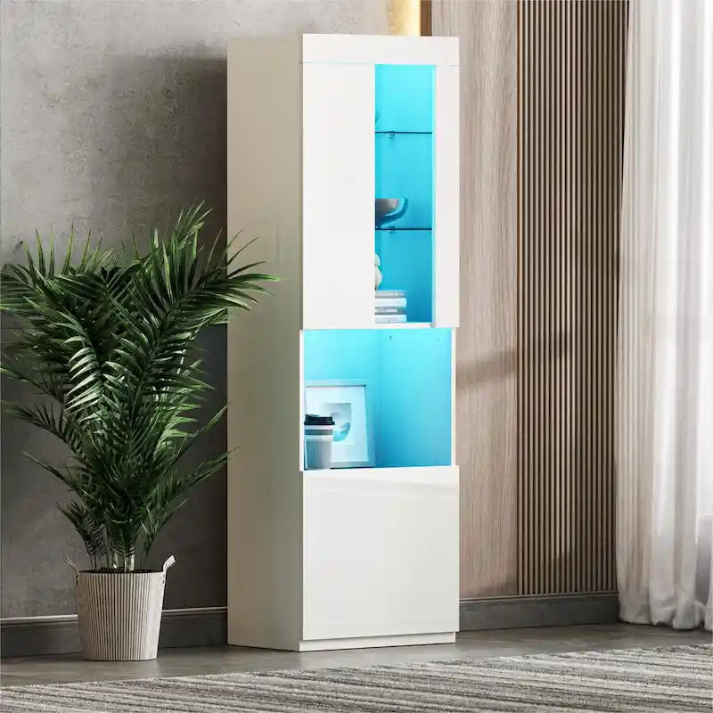 High Gloss Storage Cabinet with LED Lights,67 Tall Cabinet with Acrylic Door,with Open Countertop and Tempered Glass Shelves-32