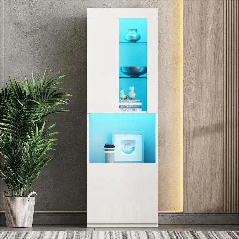 High Gloss Storage Cabinet with LED Lights,67 Tall Cabinet with Acrylic Door,with Open Countertop and Tempered Glass Shelves-2