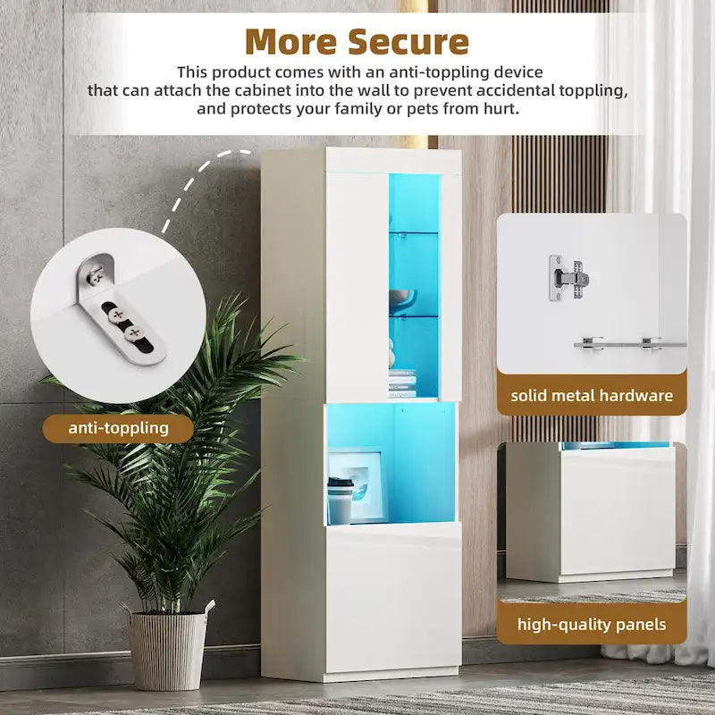 High Gloss Storage Cabinet with LED Lights,67 Tall Cabinet with Acrylic Door,with Open Countertop and Tempered Glass Shelves-4