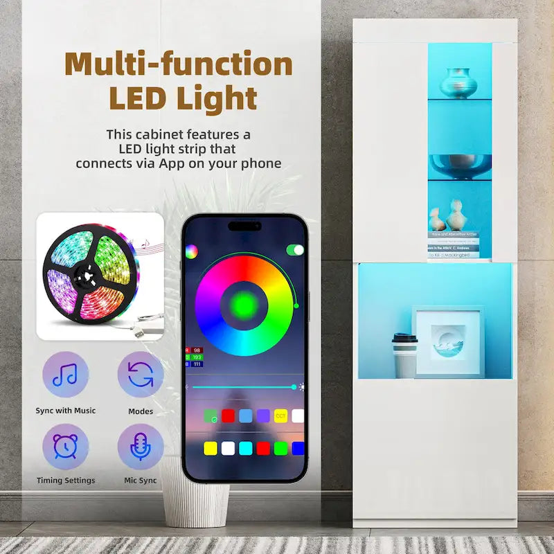 High Gloss Storage Cabinet with LED Lights,67 Tall Cabinet with Acrylic Door,with Open Countertop and Tempered Glass Shelves-5