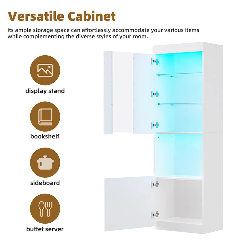 High Gloss Storage Cabinet with LED Lights,67 Tall Cabinet with Acrylic Door,with Open Countertop and Tempered Glass Shelves-6