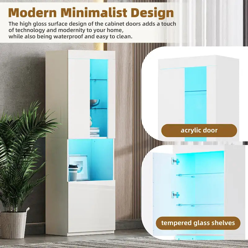 High Gloss Storage Cabinet with LED Lights,67 Tall Cabinet with Acrylic Door,with Open Countertop and Tempered Glass Shelves-7