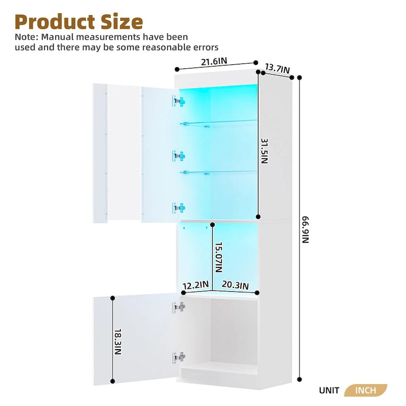 High Gloss Storage Cabinet with LED Lights,67 Tall Cabinet with Acrylic Door,with Open Countertop and Tempered Glass Shelves-8