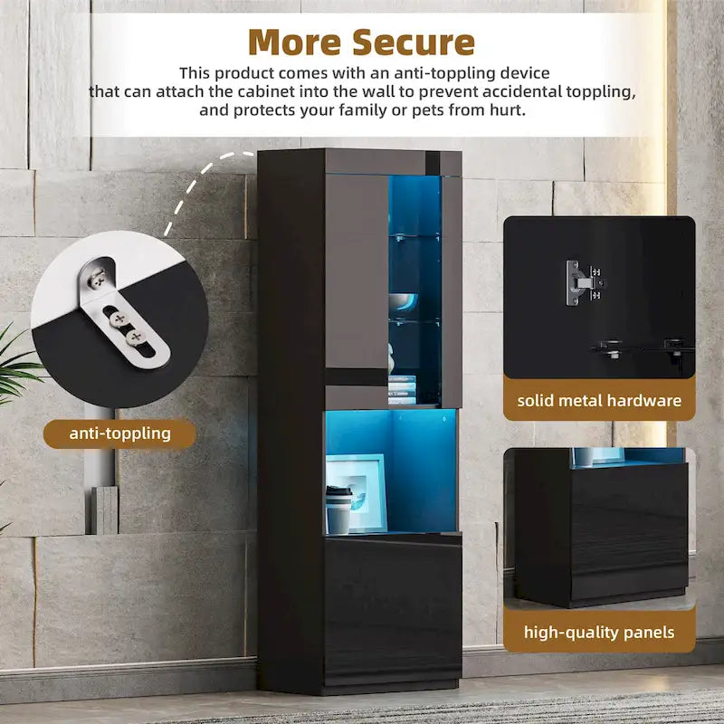 High Gloss Storage Cabinet with LED Lights,67 Tall Cabinet with Acrylic Door,with Open Countertop and Tempered Glass Shelves-19