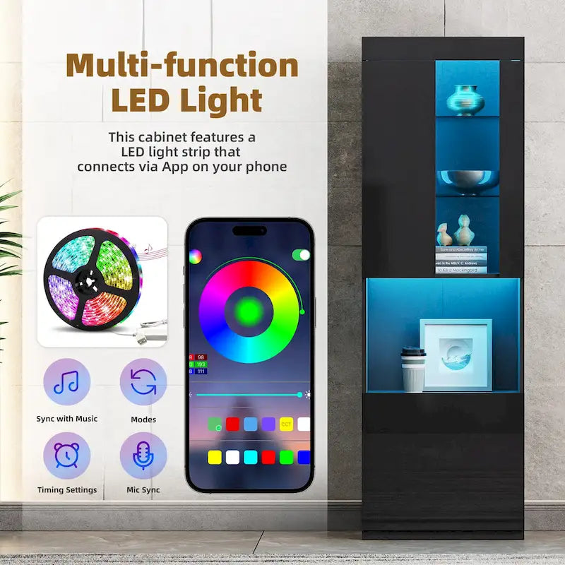 High Gloss Storage Cabinet with LED Lights,67 Tall Cabinet with Acrylic Door,with Open Countertop and Tempered Glass Shelves-20