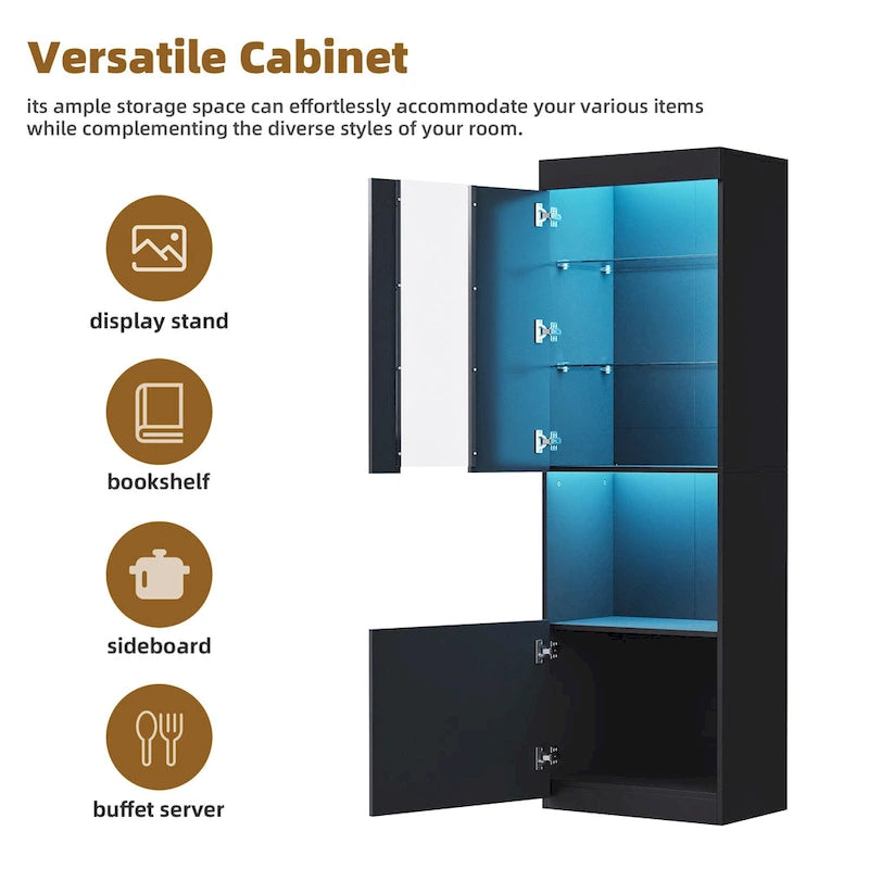 High Gloss Storage Cabinet with LED Lights,67 Tall Cabinet with Acrylic Door,with Open Countertop and Tempered Glass Shelves-21