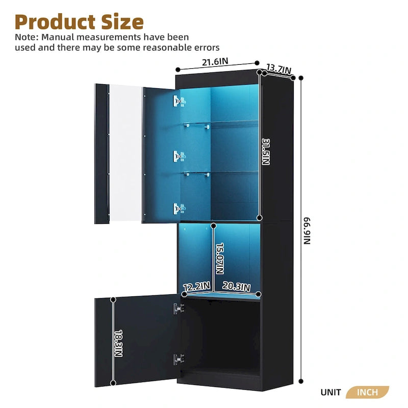 High Gloss Storage Cabinet with LED Lights,67 Tall Cabinet with Acrylic Door,with Open Countertop and Tempered Glass Shelves-23