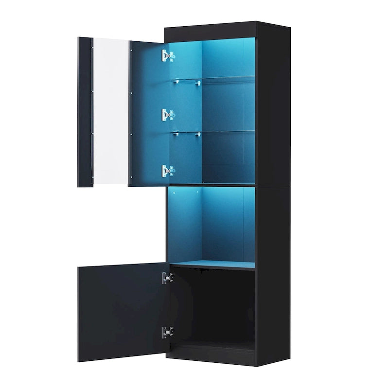 High Gloss Storage Cabinet with LED Lights,67 Tall Cabinet with Acrylic Door,with Open Countertop and Tempered Glass Shelves-26