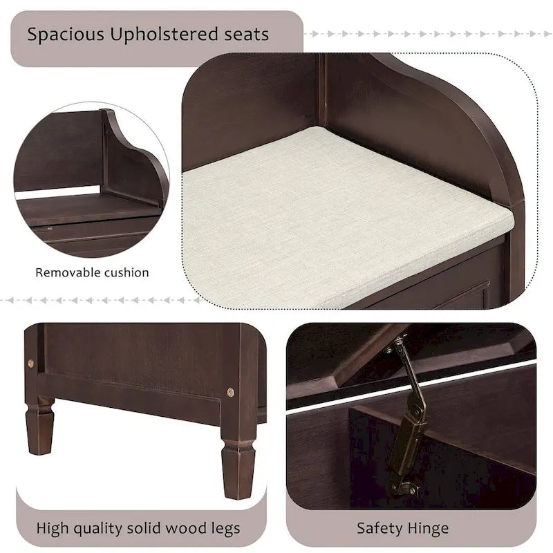 Farmhouse Solid Wood Multi-Purpose Upholstered Storage Bench-24