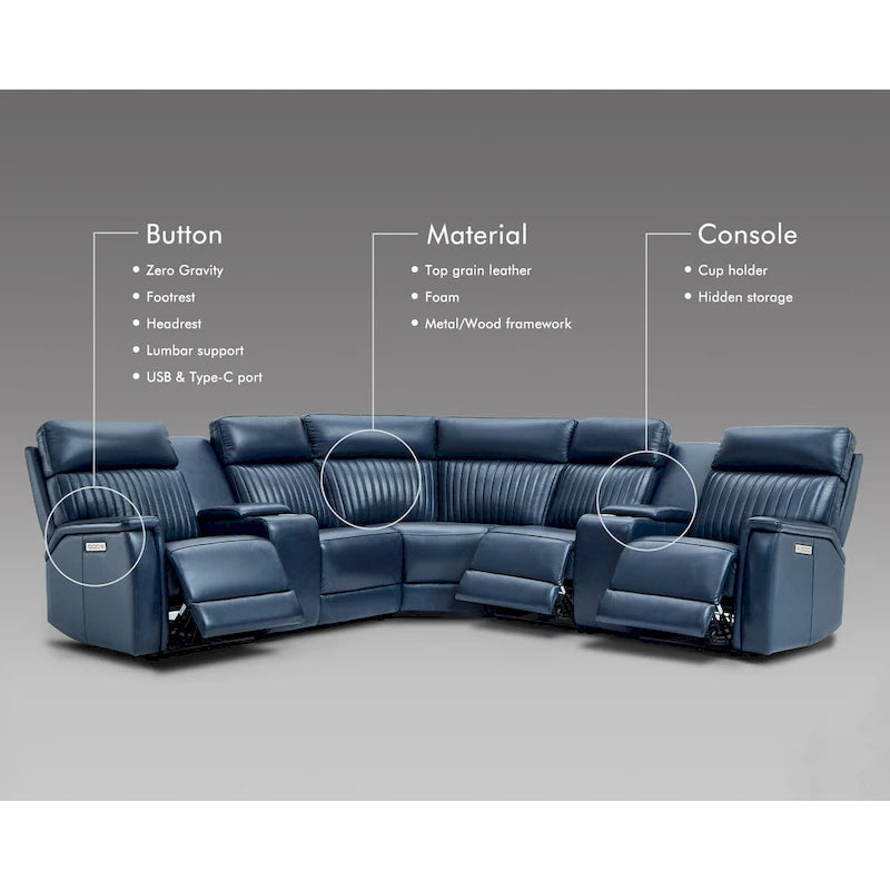 Genuine Leather Power Recliner Sectional Sofa with Ajustable Headrest, Power Lumbar, USB&USB-C Port-3