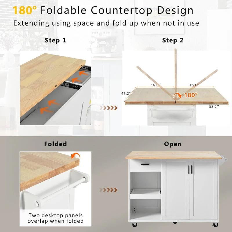 Rolling Kitchen Island w/ Foldable Counter Top,Towel Rack and Drawer-24