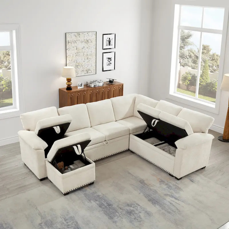 97 Chenille L-Shaped Sleeper Sectional Sofa with Storage Ottoman-4