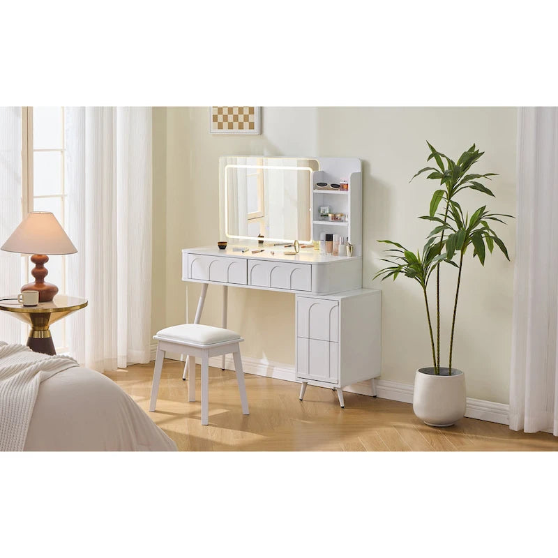 Modern Makeup Vanity Desk with LED Lights & Mirror, 4 Drawer Dressing Table Set with Stool, 3 Colors Dimmable Brightness-3