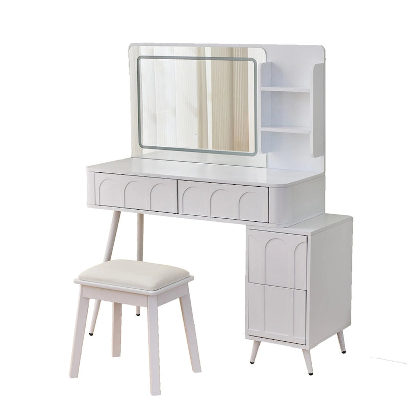 Modern Makeup Vanity Desk with LED Lights & Mirror, 4 Drawer Dressing Table Set with Stool, 3 Colors Dimmable Brightness-4