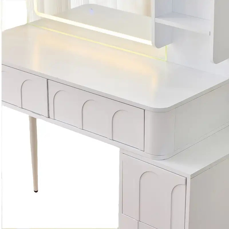 Modern Makeup Vanity Desk with LED Lights & Mirror, 4 Drawer Dressing Table Set with Stool, 3 Colors Dimmable Brightness-5