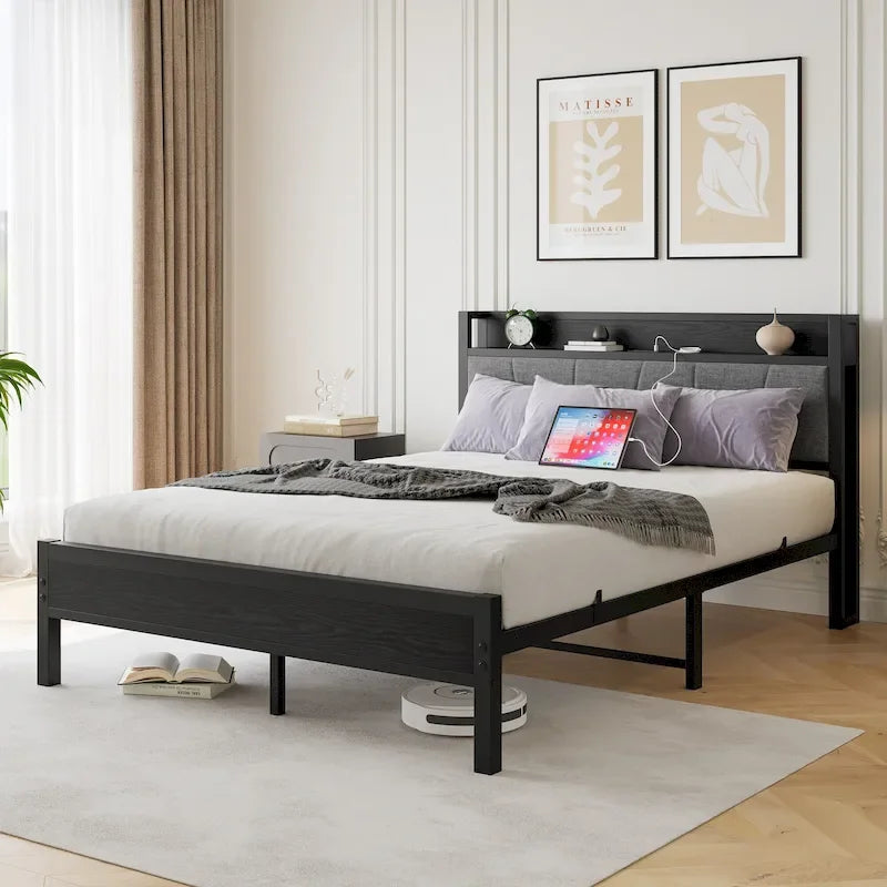 Queen Platform Bed with Storage Headboard & USB Ports-15