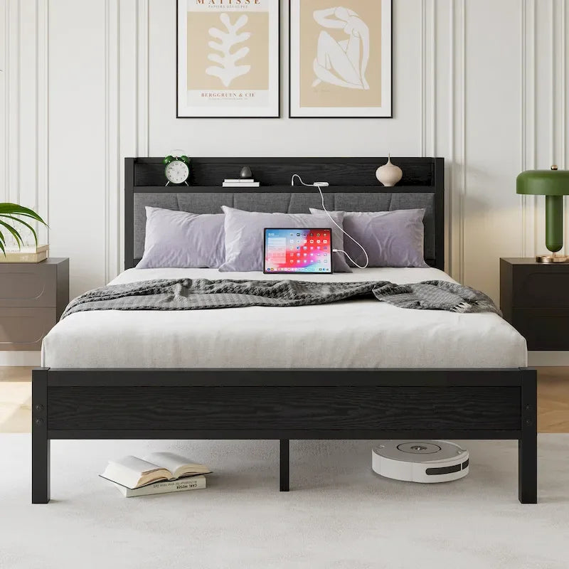 Queen Platform Bed with Storage Headboard & USB Ports-2