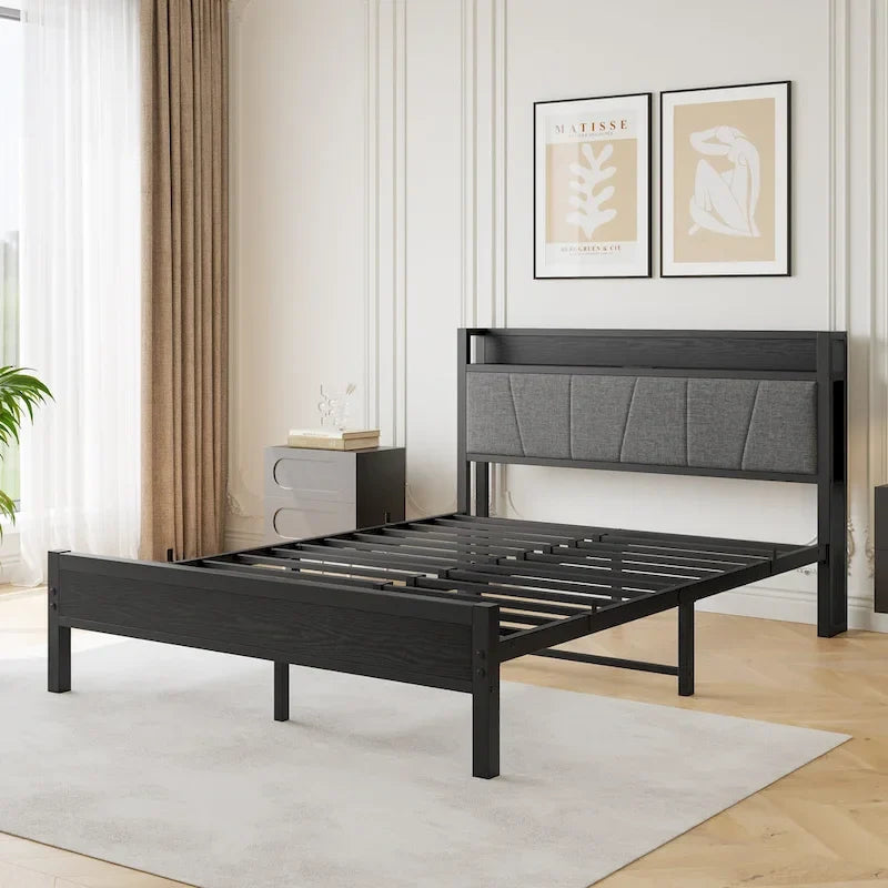 Queen Platform Bed with Storage Headboard & USB Ports-8