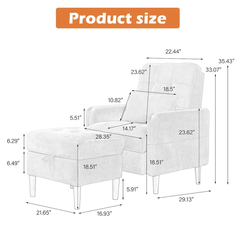 Adjustable Backrest Upholstered Accent Chair with Storage Ottoman Set-3