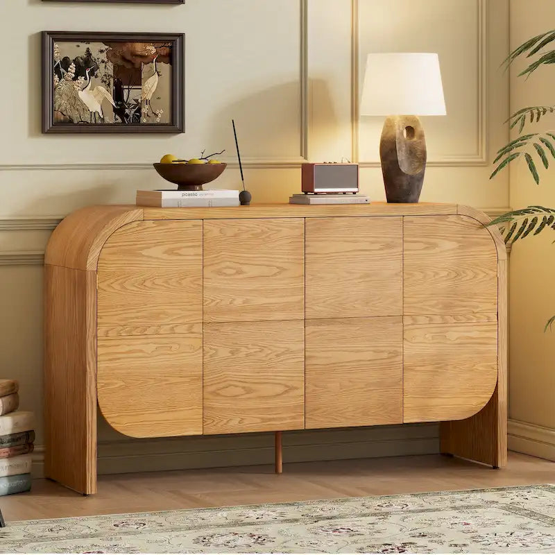 4 Doors Wood Sideboard Credenza Cabinet with Curvy Edge & Adjustable Shelves-24