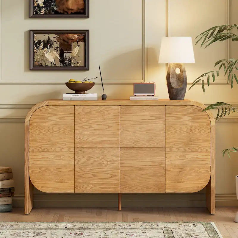 4 Doors Wood Sideboard Credenza Cabinet with Curvy Edge & Adjustable Shelves-2