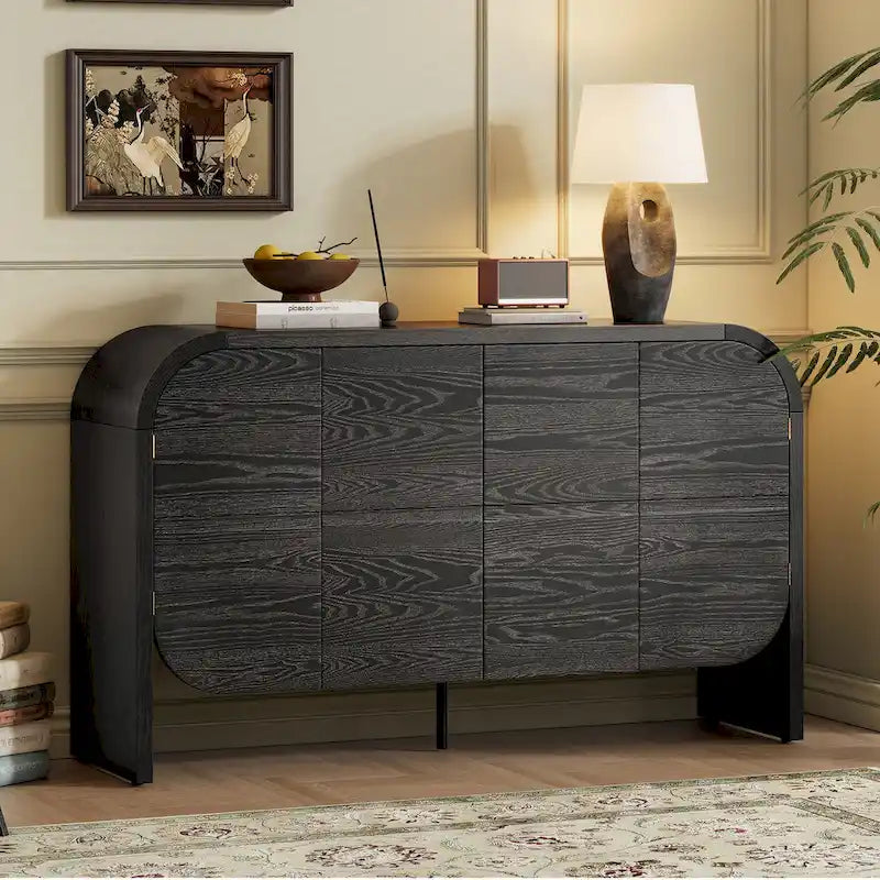 4 Doors Wood Sideboard Credenza Cabinet with Curvy Edge & Adjustable Shelves-3