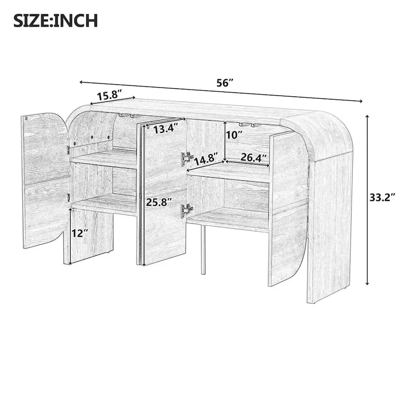 4 Doors Wood Sideboard Credenza Cabinet with Curvy Edge & Adjustable Shelves-6