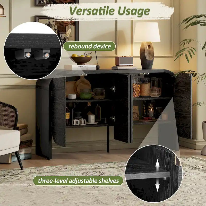 4 Doors Wood Sideboard Credenza Cabinet with Curvy Edge & Adjustable Shelves-10