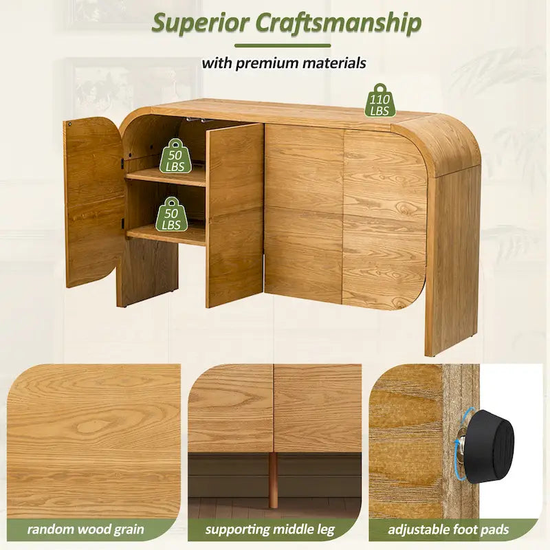 4 Doors Wood Sideboard Credenza Cabinet with Curvy Edge & Adjustable Shelves-18