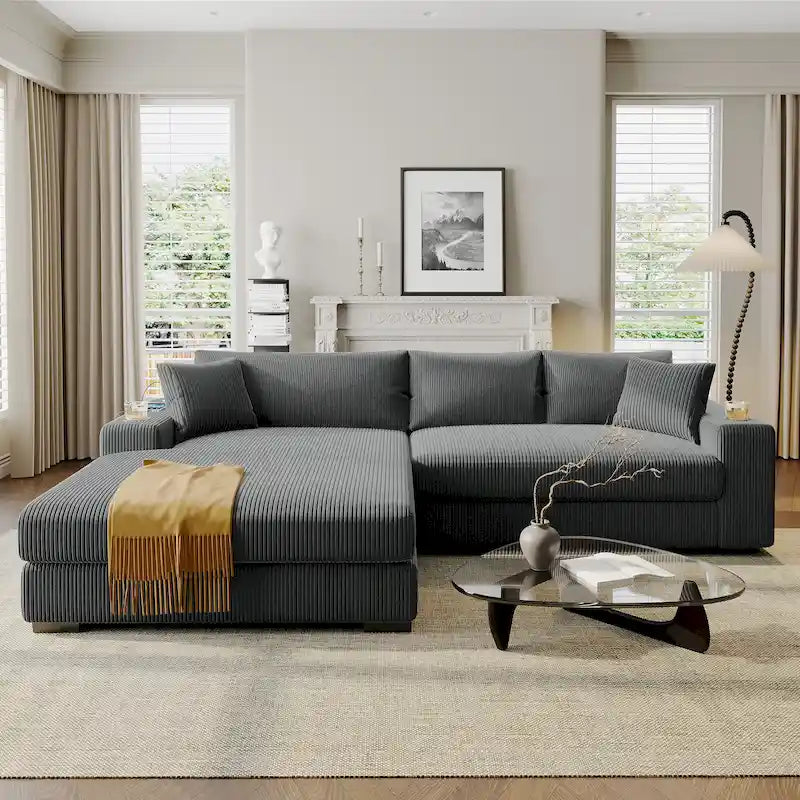 111-Inch Large Corduroy L Shape Sectional Sofa with Built-in Cup Holders & Charging Ports-40
