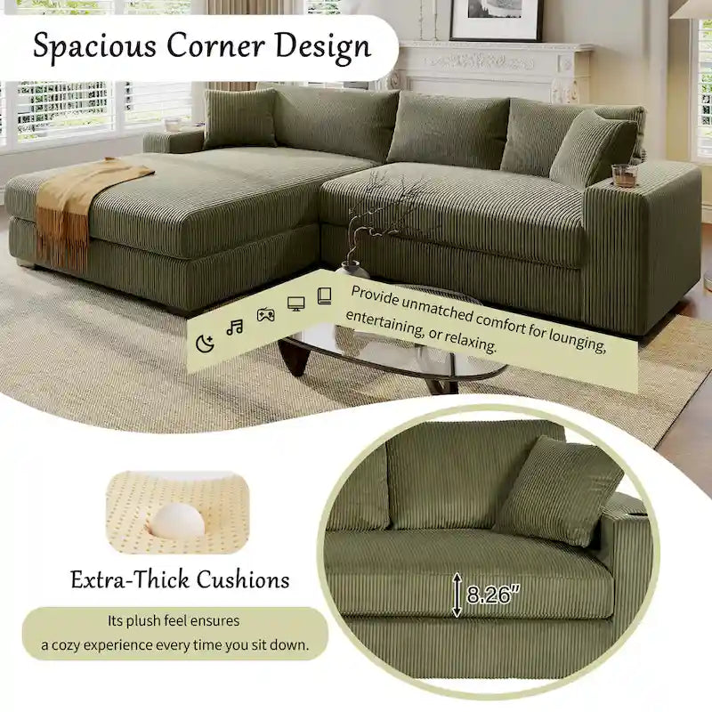 111-Inch Large Corduroy L Shape Sectional Sofa with Built-in Cup Holders & Charging Ports-3