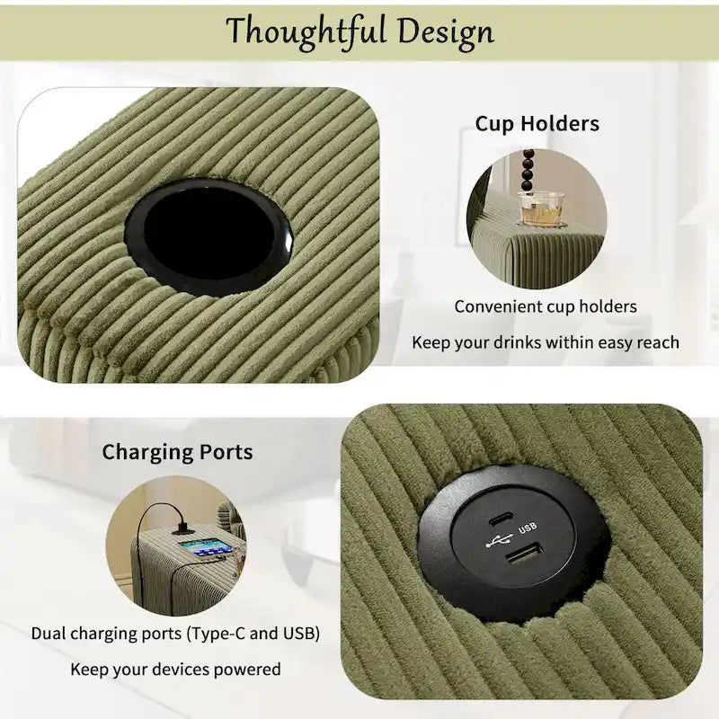 111-Inch Large Corduroy L Shape Sectional Sofa with Built-in Cup Holders & Charging Ports-4