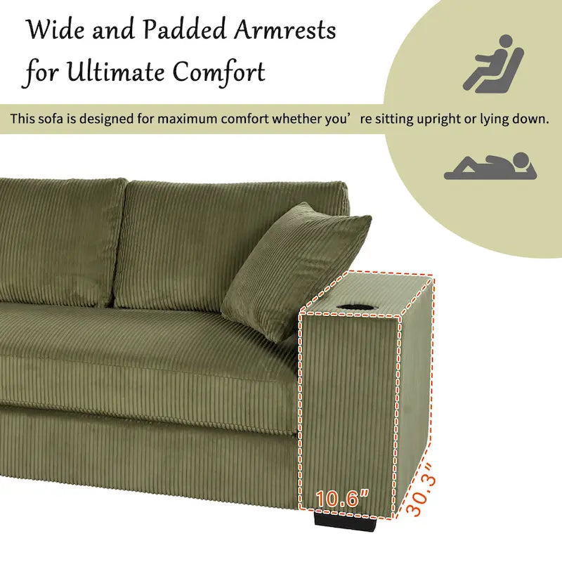111-Inch Large Corduroy L Shape Sectional Sofa with Built-in Cup Holders & Charging Ports-5