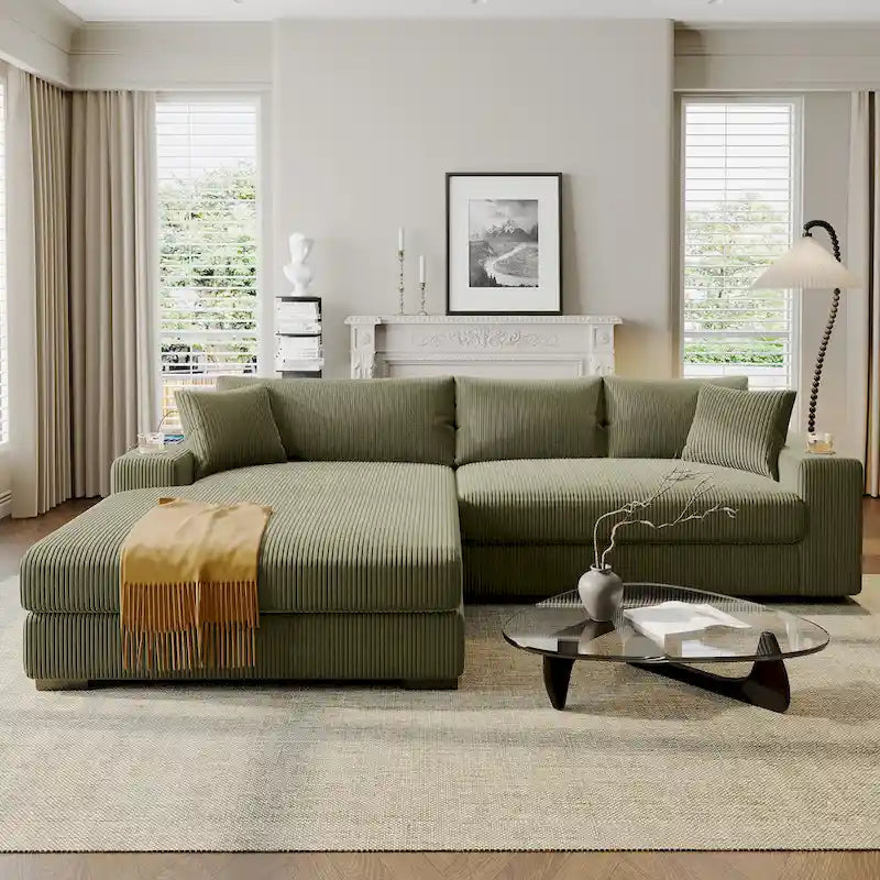 111-Inch Large Corduroy L Shape Sectional Sofa with Built-in Cup Holders & Charging Ports-6