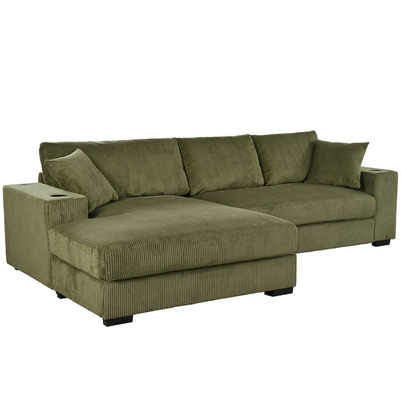 111-Inch Large Corduroy L Shape Sectional Sofa with Built-in Cup Holders & Charging Ports-8