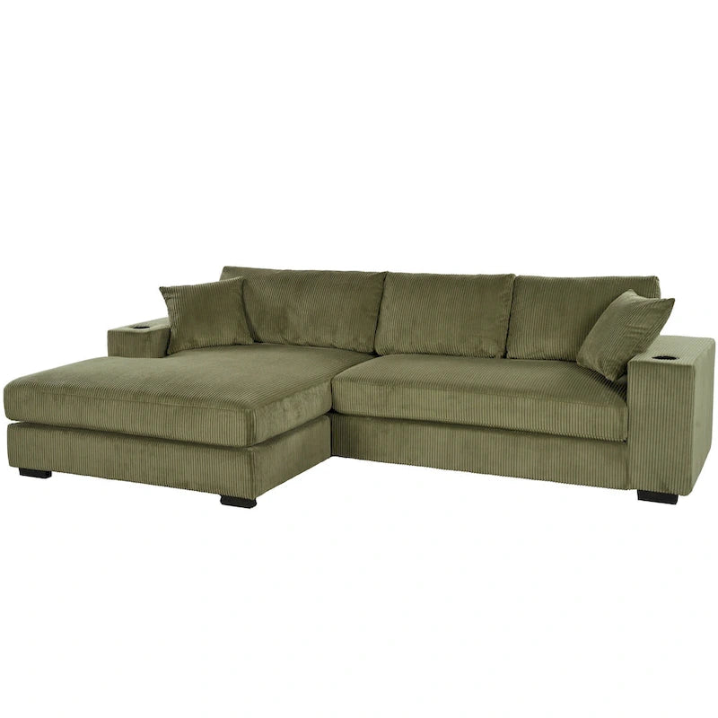 111-Inch Large Corduroy L Shape Sectional Sofa with Built-in Cup Holders & Charging Ports-9