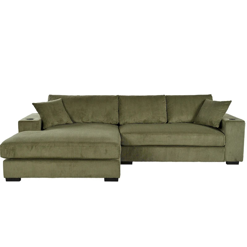 111-Inch Large Corduroy L Shape Sectional Sofa with Built-in Cup Holders & Charging Ports-10