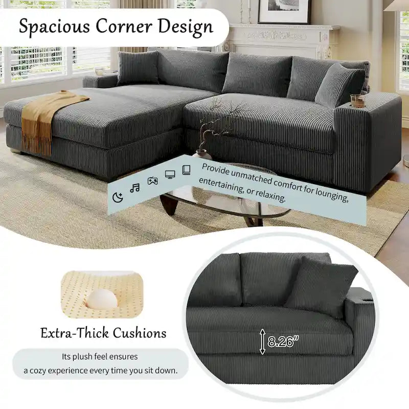 111-Inch Large Corduroy L Shape Sectional Sofa with Built-in Cup Holders & Charging Ports-19