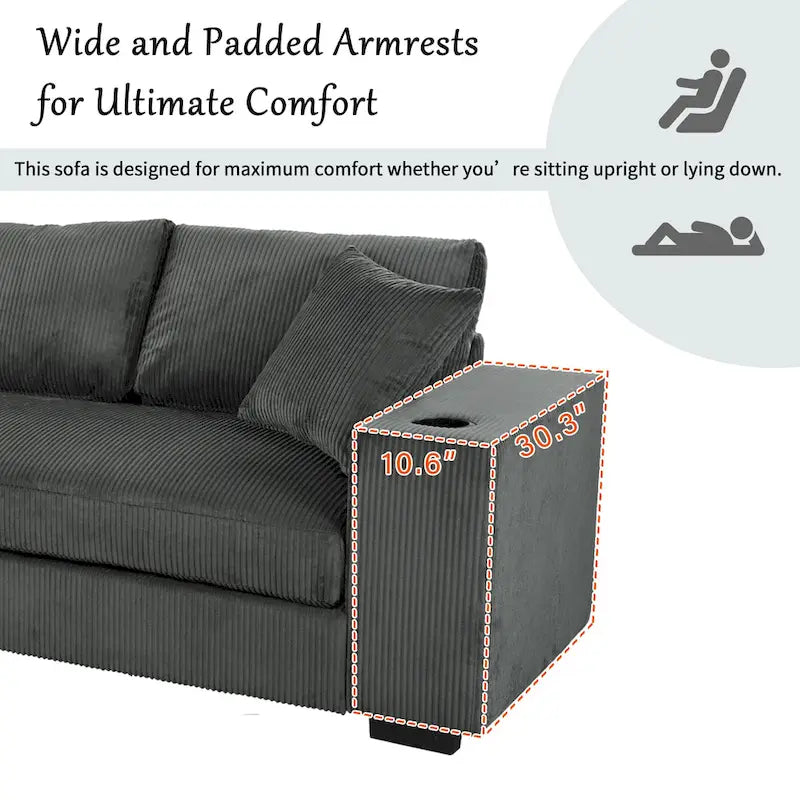 111-Inch Large Corduroy L Shape Sectional Sofa with Built-in Cup Holders & Charging Ports-21